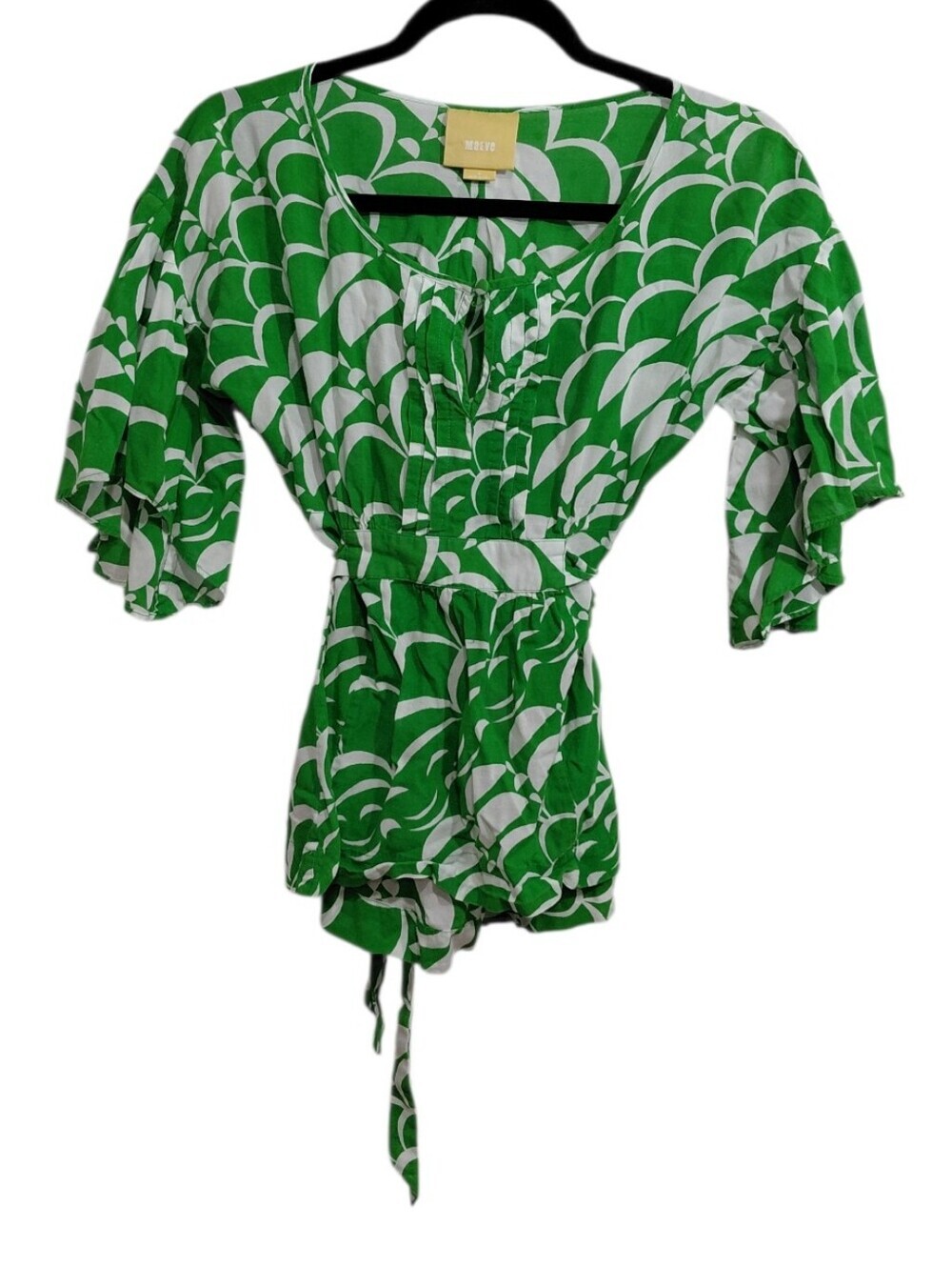 Maeve Green and White Scallop-Print Wrap Blouse